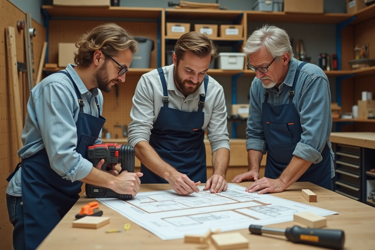 Groupe de participants en stage bricolage pratique apprenant à rénover autour d'un établi en atelier