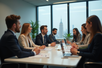 Groupe de professionnels en réunion dans une salle moderne