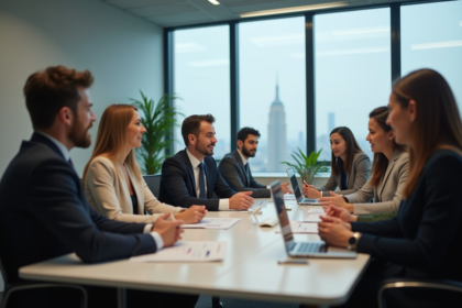 Groupe de professionnels en réunion dans une salle moderne