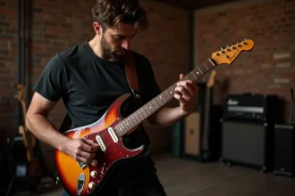 Guitariste jouant l'accord Gm en barré sur une guitare électrique dans un studio de répétition