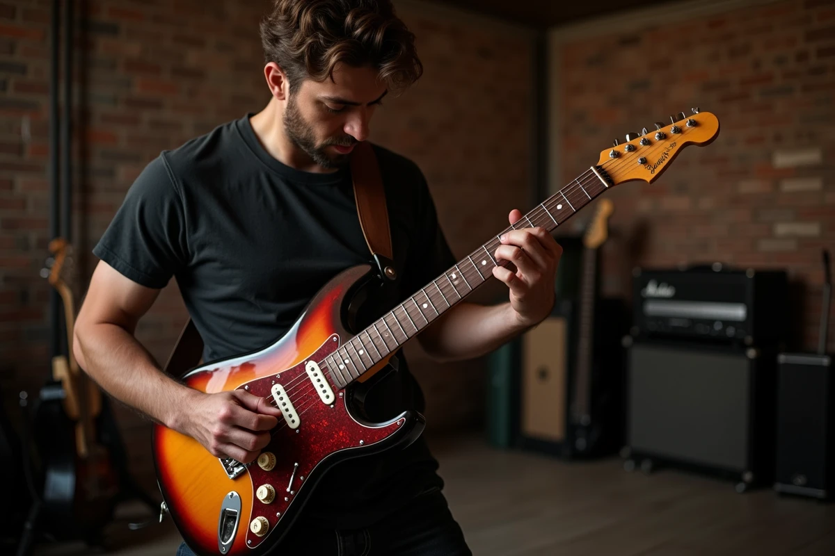 Guitariste jouant l'accord Gm en barré sur une guitare électrique dans un studio de répétition