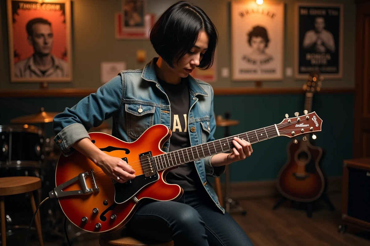 Guitariste féminine jouant des riffs rock en accord Gm sur scène dans un club