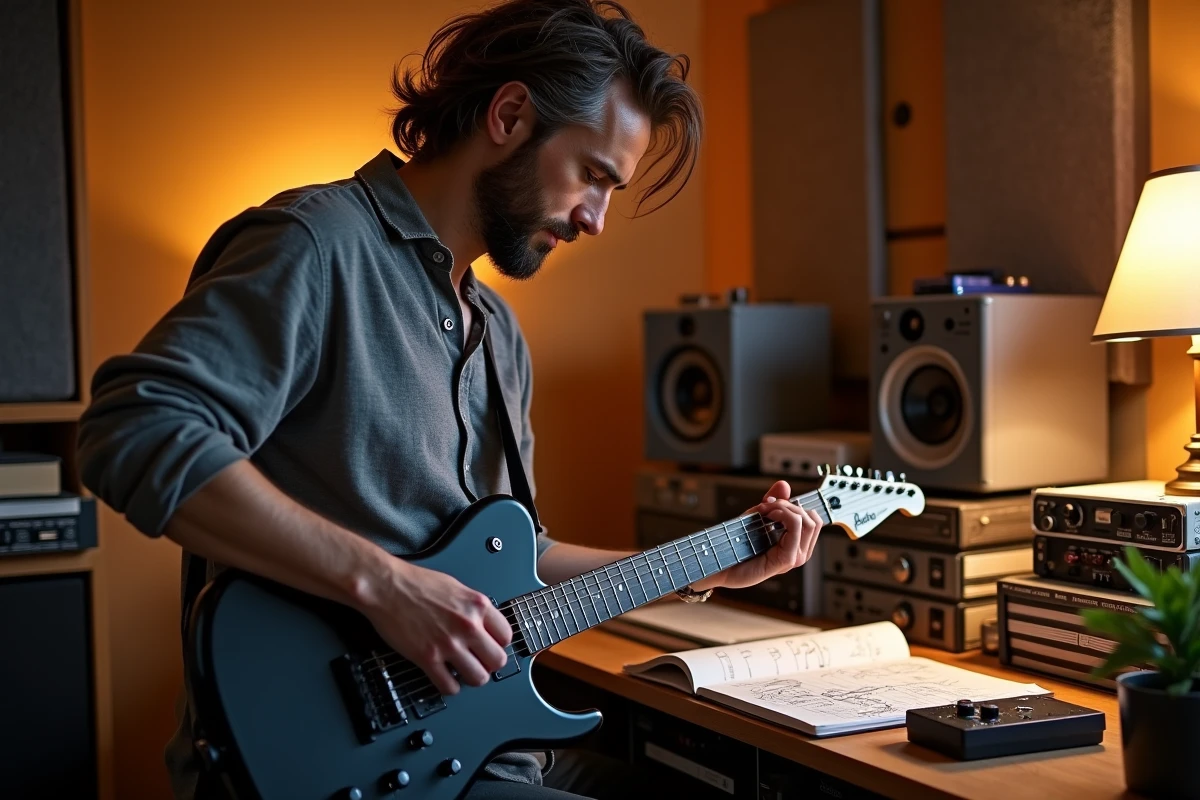 Guitariste travaillant des plans rythmiques et riffs en accord Gm dans un home studio