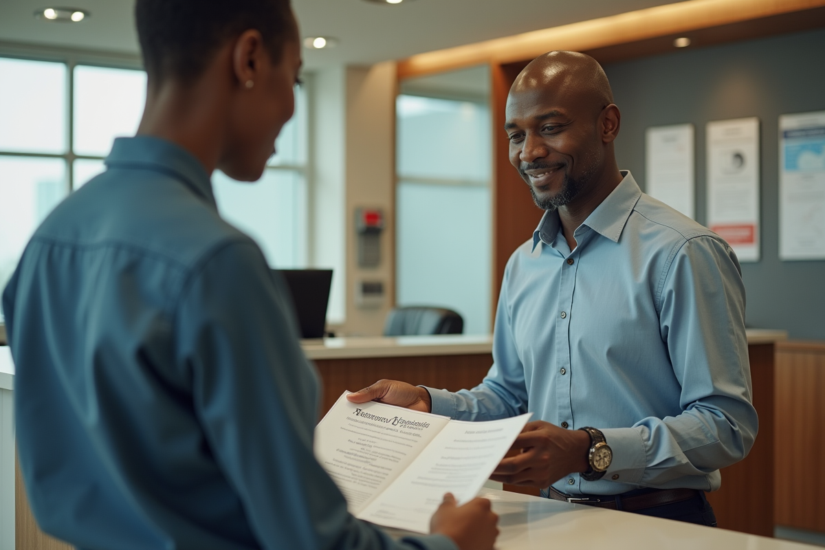 Homme africain montre son diplôme à une employée universitaire