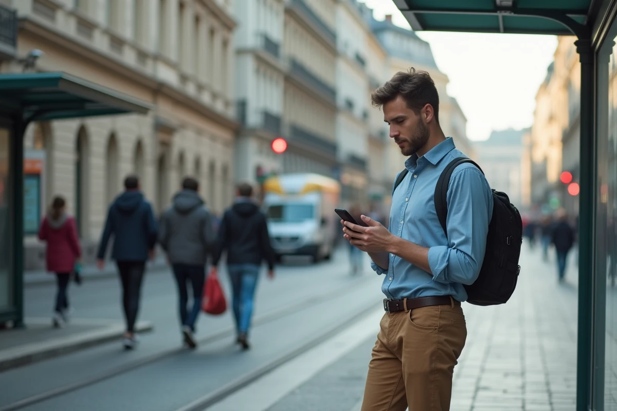 Jeune homme vérifiant son téléphone à un arrêt de tram