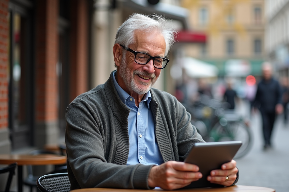 Homme âgé pratiquant le vocabulaire en extérieur au café