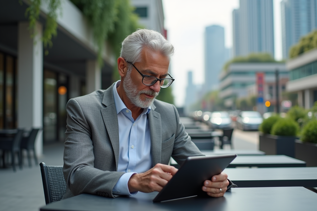 Homme d age analysant des données dans un café urbain moderne