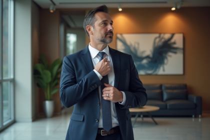 Homme en costume navy dans un bureau moderne