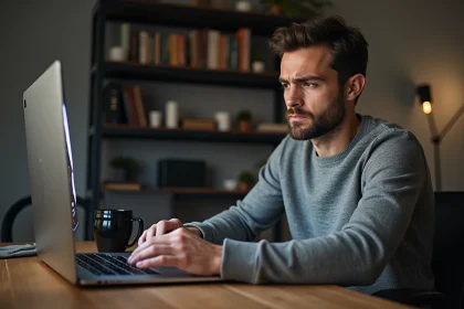 Homme frustré face à un message d'erreur de connexion ENC92 sur son ordinateur portable dans un bureau à domicile