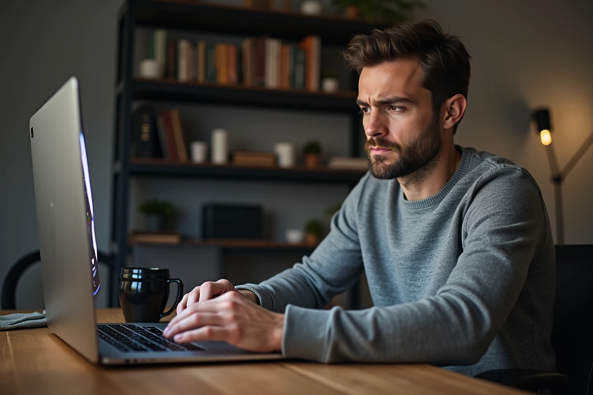 Homme frustré face à un message d'erreur de connexion ENC92 sur son ordinateur portable dans un bureau à domicile