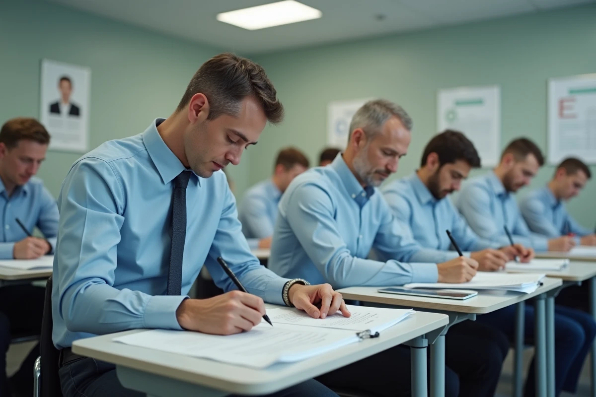 Homme en examen dans une salle de classe moderne