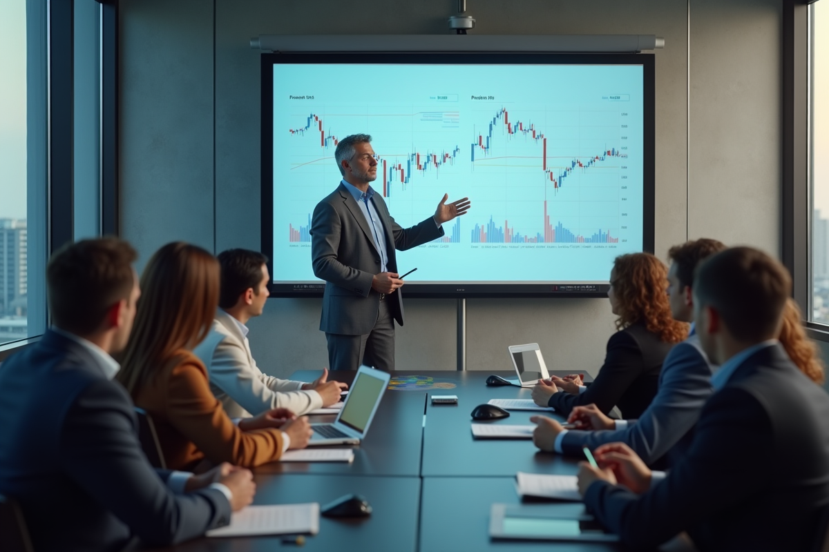 Homme en formation financière avec graphique digital