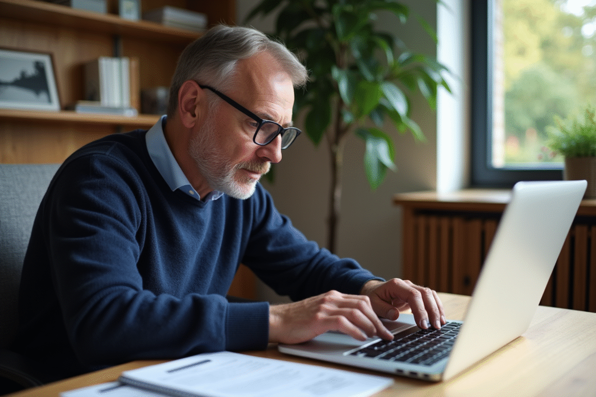 Homme d'âge moyen installant Isacompta sur son ordinateur dans un bureau lumineux
