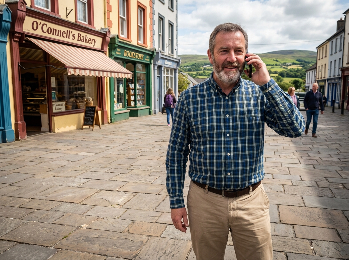 Homme d age moyen parlant au smartphone dans une place de village