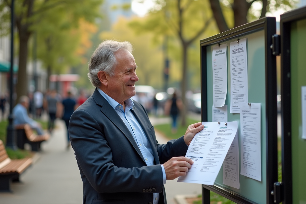 Homme mature affichant un CV sur un tableau dans un parc urbain animé