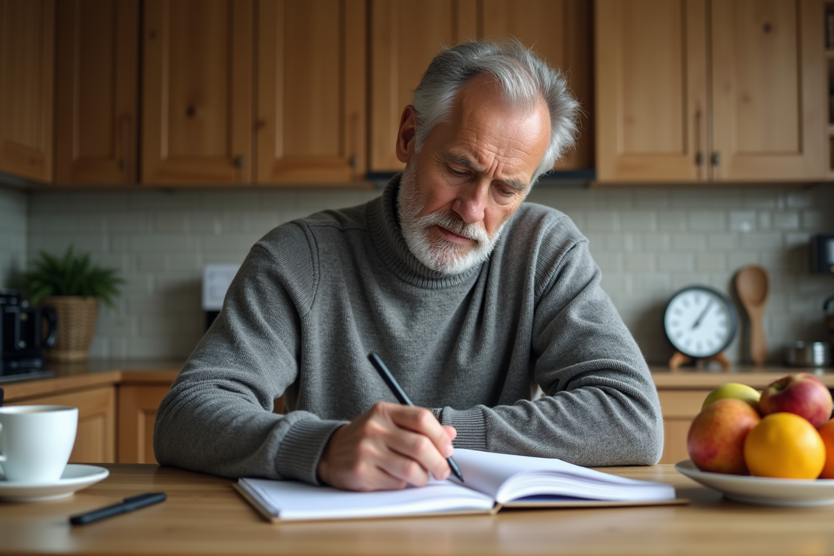 Homme en cuisine avec un planner hebdomadaire et un café