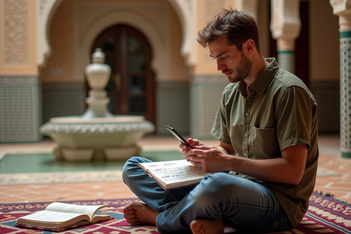 Homme pratiquant des phrases arabes sur smartphone et carnet dans un riad traditionnel