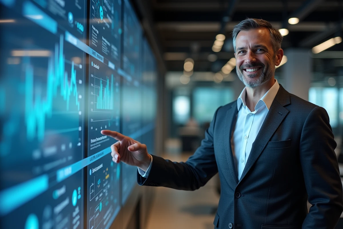 Homme en costume présentant des données sur un mur digital