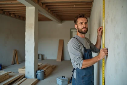 Homme mesurant un mur lors d'une rénovation d'appartement en autonomie après un stage bricolage
