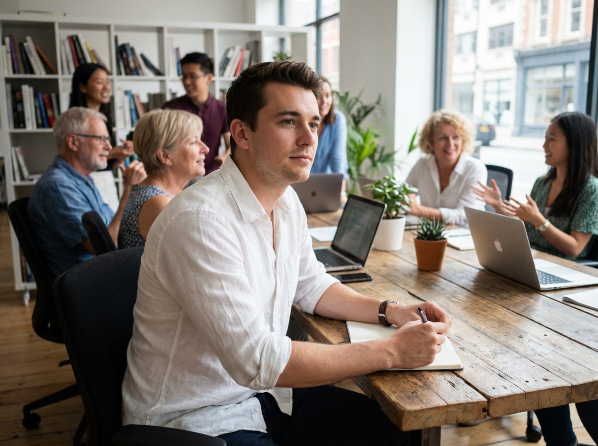Jeune homme prenant des notes dans un espace de travail collaboratif