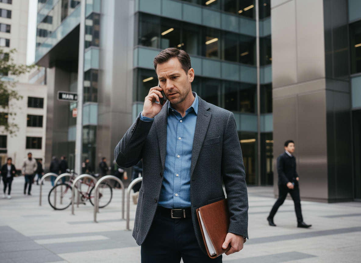 Homme d affaires parlant au téléphone devant un bâtiment moderne