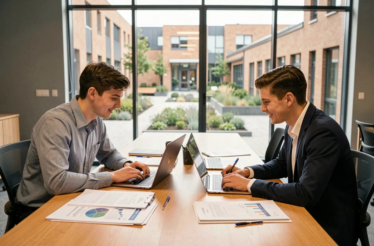 Deux étudiants en train de collaborer sur un projet dans une salle de séminaire moderne de l'ICN Business School à Nancy