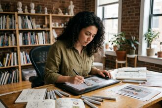 Illustratrice professionnelle travaillant sur une tablette graphique dans un studio artistique créatif avec des carnets de croquis et des marqueurs