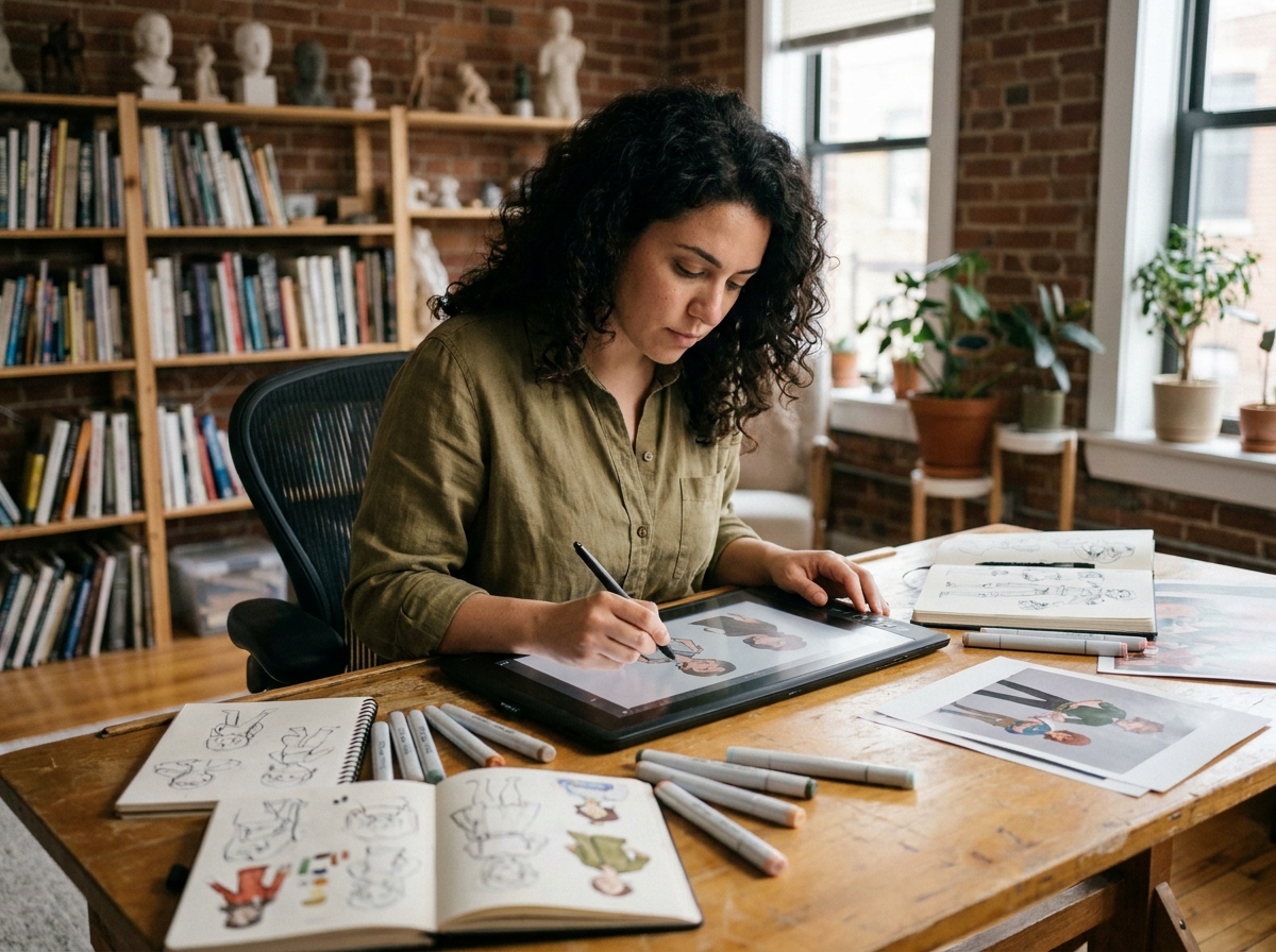 Illustratrice professionnelle travaillant sur une tablette graphique dans un studio artistique créatif avec des carnets de croquis et des marqueurs