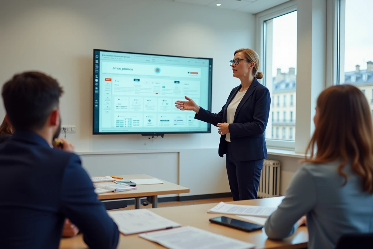 Instructrice expliquant un projet digital en classe à Paris