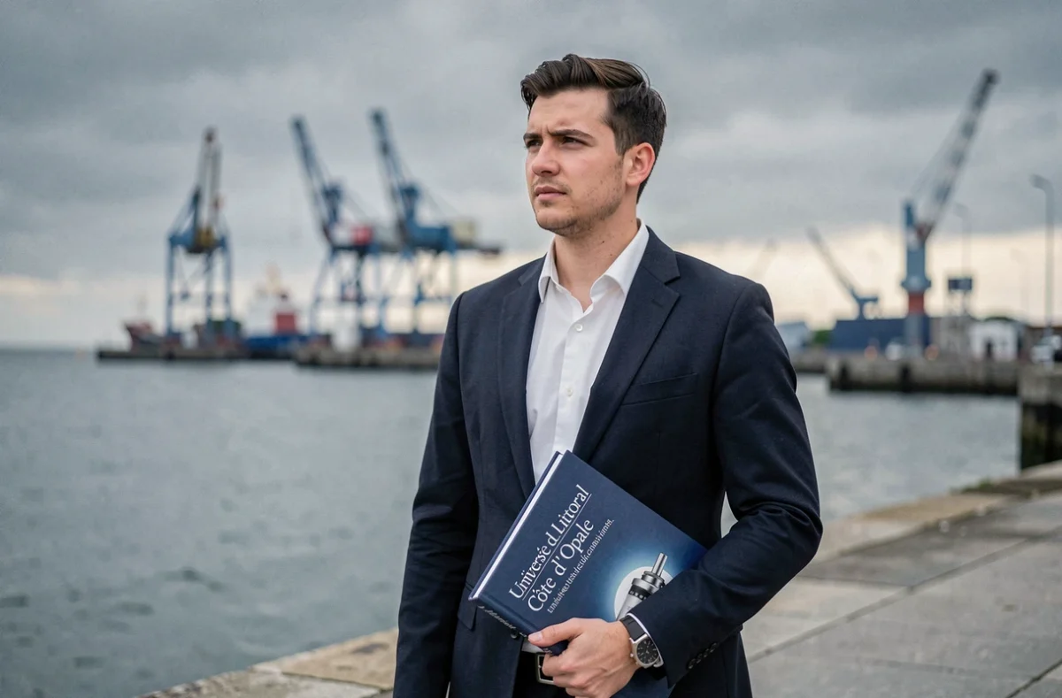 Étudiant de l'ISCID-CO sur le front de mer de la Côte d'Opale, livre de management sous le bras