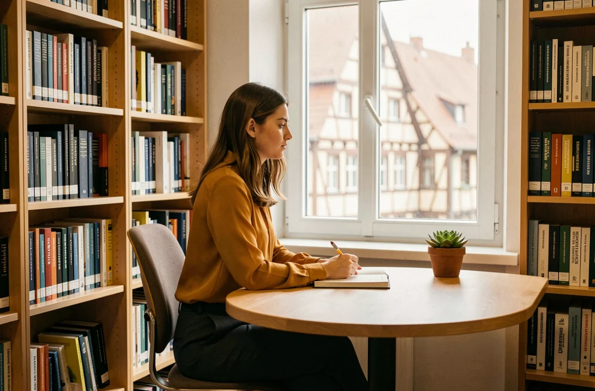 Étudiante lisant dans la bibliothèque de l'ISEG Strasbourg avec vue sur les façades alsaciennes