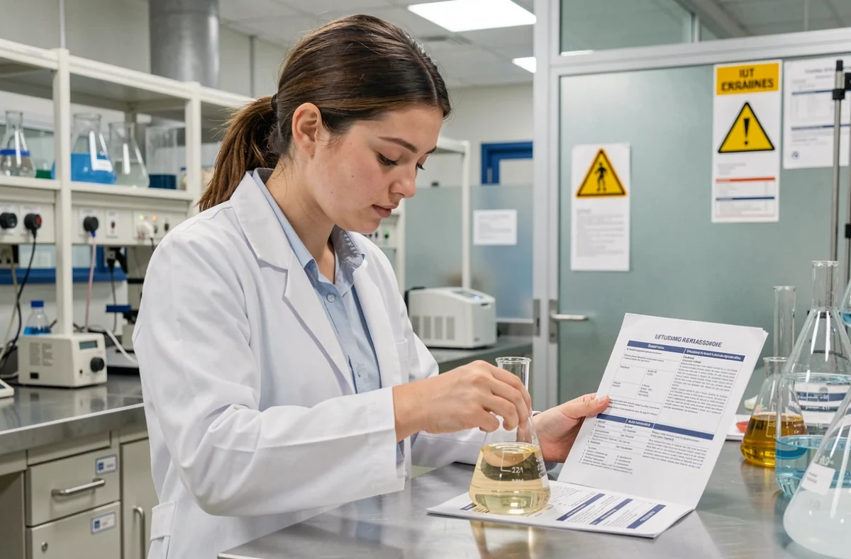 Étudiante en blouse blanche réalisant une manipulation en laboratoire à l'IUT de Lille, Université de Lille