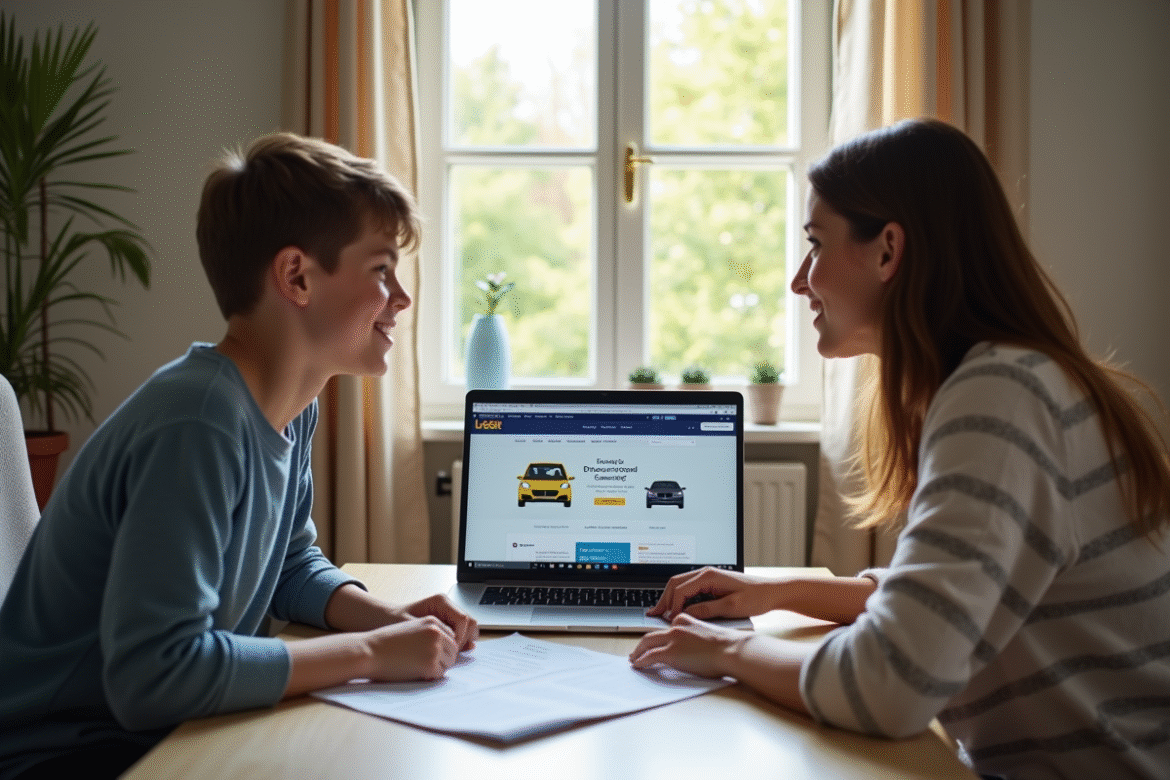 Adolescent souriant avec sa mère devant un ordinateur pour le permis de conduire