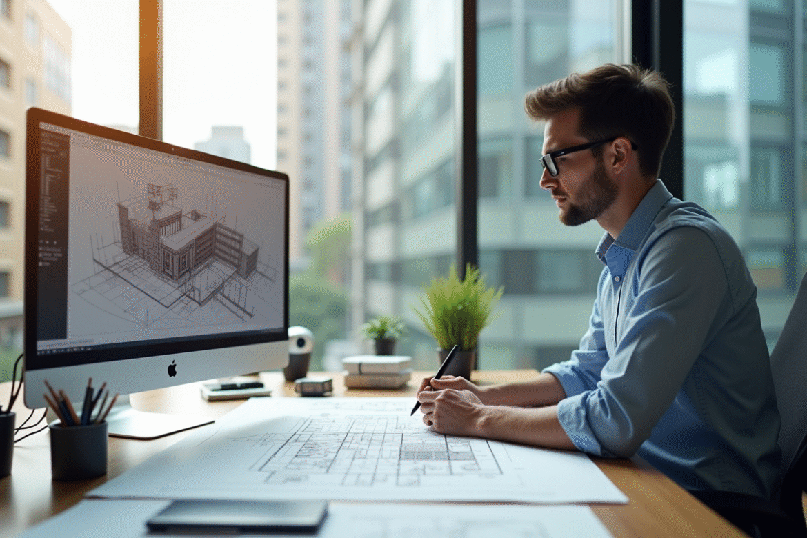 Jeune architecte dessinant des plans dans un bureau lumineux