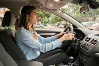 Jeune conductrice en apprentissage derrière le volant d'une voiture moderne, illustrant les différences entre permis B, conduite accompagnée et supervisée
