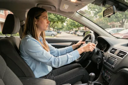 Jeune conductrice en apprentissage derrière le volant d'une voiture moderne, illustrant les différences entre permis B, conduite accompagnée et supervisée