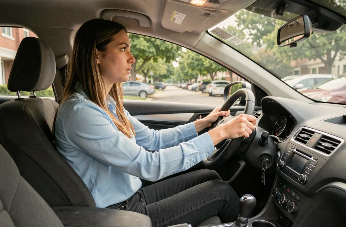 Jeune conductrice en apprentissage derrière le volant d'une voiture moderne, illustrant les différences entre permis B, conduite accompagnée et supervisée