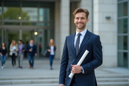 Jeune diplômé en ingénierie en costume devant universite