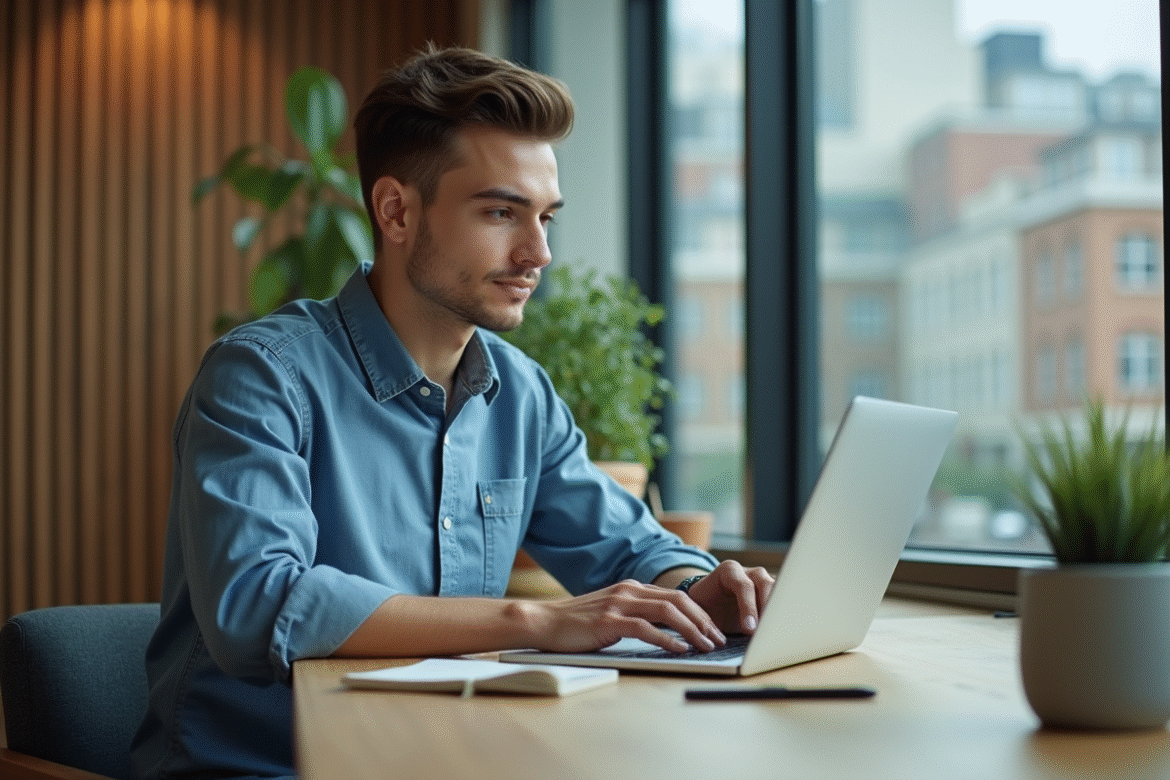 Jeune entrepreneur concentré sur son ordinateur dans un espace coworking