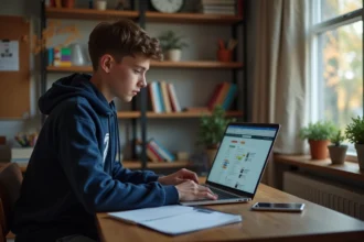 Jeune étudiant en hoodie regarde son ordinateur avec Scolinfo
