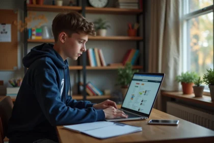Jeune étudiant en hoodie regarde son ordinateur avec Scolinfo