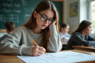 Jeune étudiante en classe dessinant des vecteurs sur papier