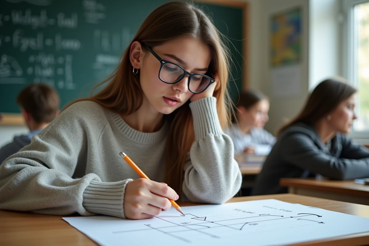Jeune étudiante en classe dessinant des vecteurs sur papier
