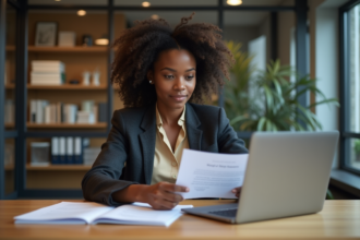 Jeune femme africaine en blazer examine un diplôme dans un bureau moderne