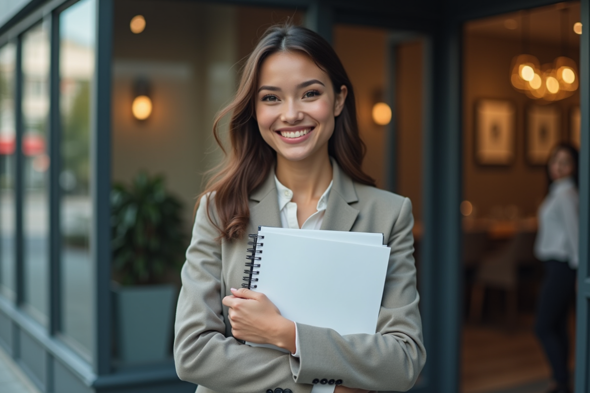 Jeune femme confiante avec portfolio devant agence casting