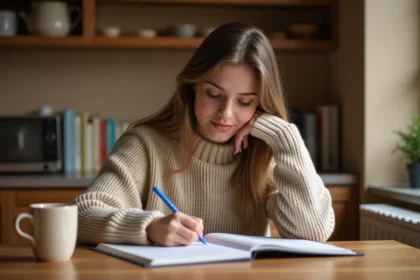 Jeune femme écrivant des verbes espagnols dans un cahier