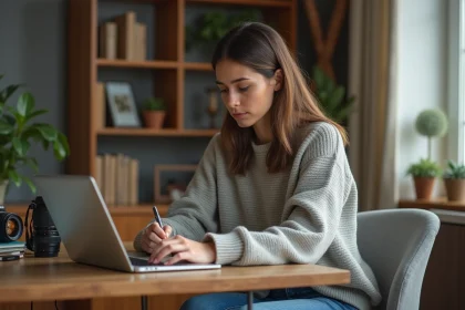 Jeune femme prenant des notes lors d'un tutoriel photo en intérieur