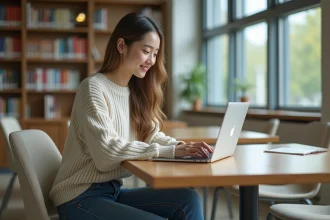 Jeune femme concentrée à la bibliothèque universitaire