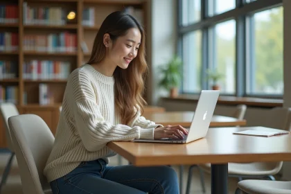 Jeune femme concentrée à la bibliothèque universitaire