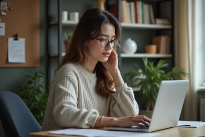 Jeune femme en bureau moderne regardant liste de professions